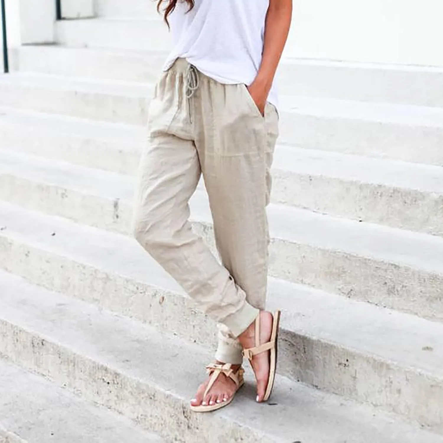 Linen Joggers for Women Tapered Ankle Pants Wide Leg Cargo Pants Drawstring Elastic Waist Casual Slacks with Pockets