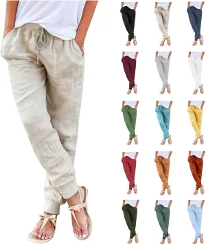 Linen Joggers for Women Tapered Ankle Pants Wide Leg Cargo Pants Drawstring Elastic Waist Casual Slacks with Pockets