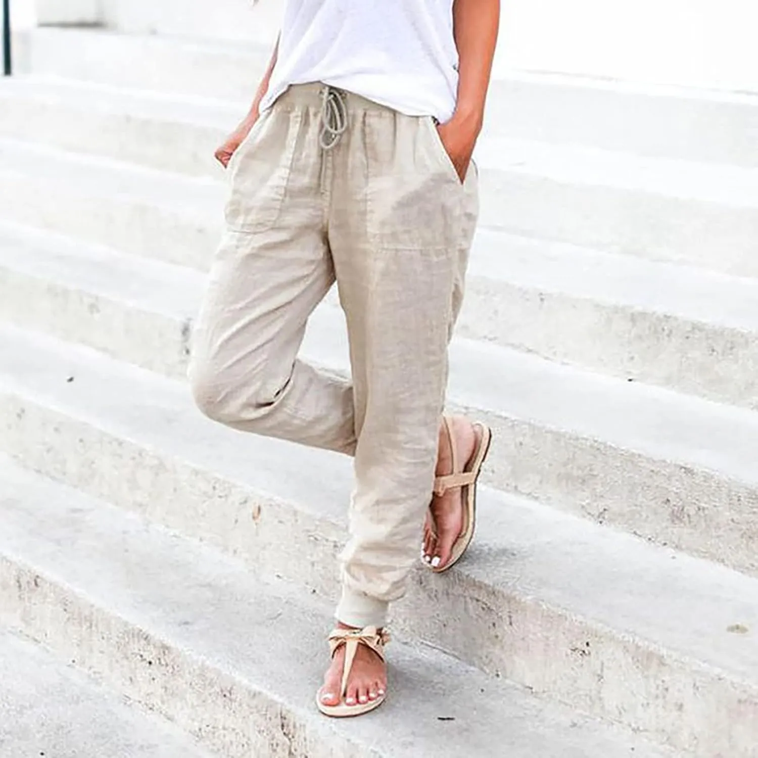 Linen Joggers for Women Tapered Ankle Pants Wide Leg Cargo Pants Drawstring Elastic Waist Casual Slacks with Pockets