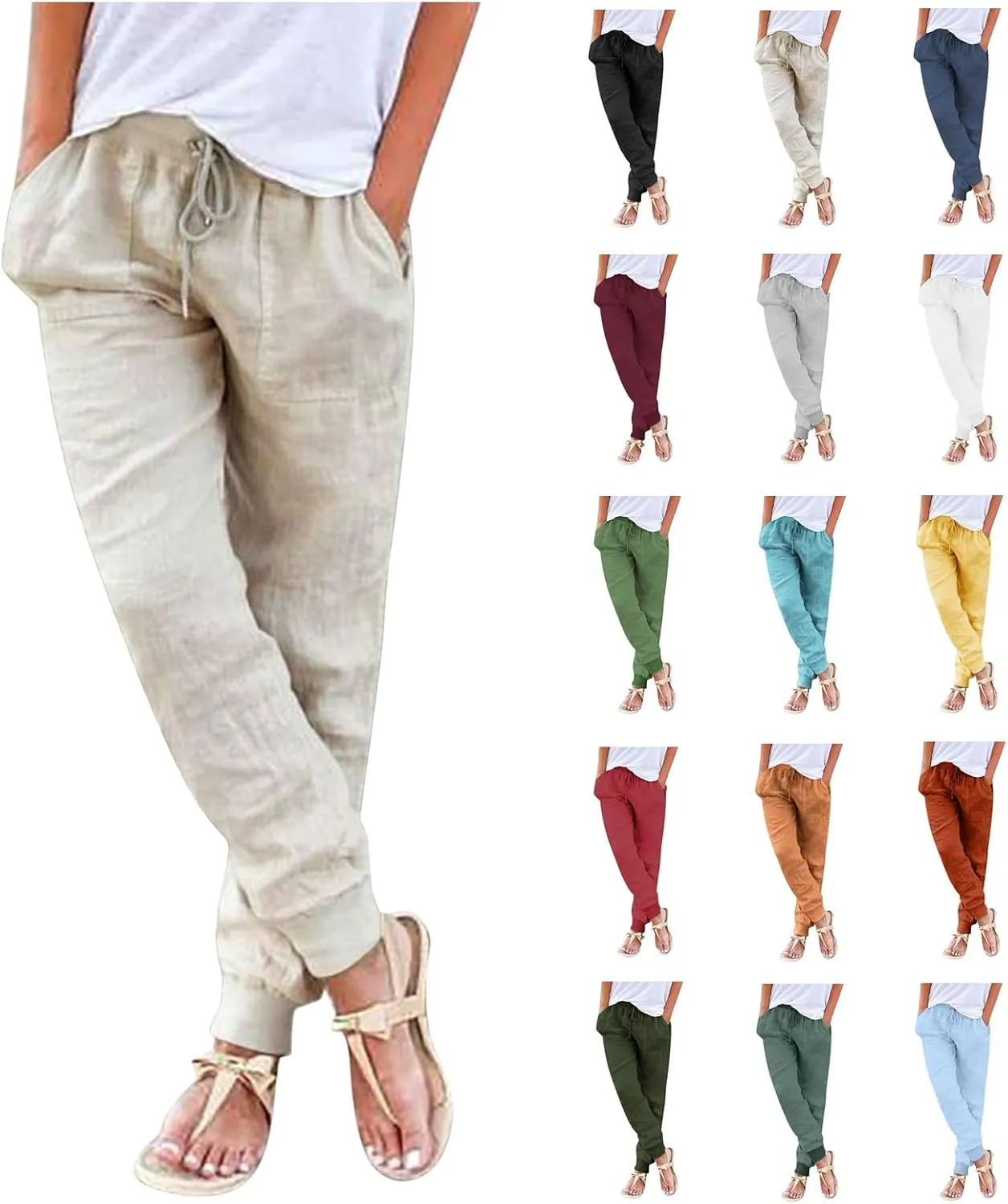 Linen Joggers for Women Tapered Ankle Pants Wide Leg Cargo Pants Drawstring Elastic Waist Casual Slacks with Pockets