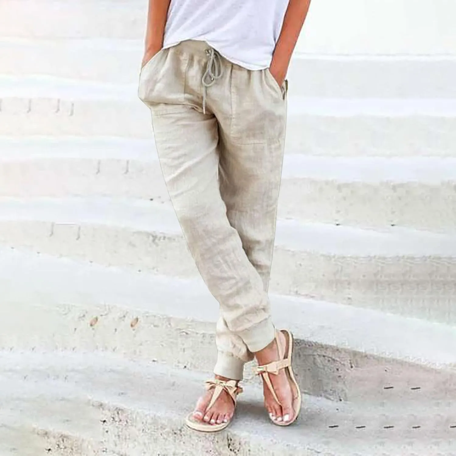 Linen Joggers for Women Tapered Ankle Pants Wide Leg Cargo Pants Drawstring Elastic Waist Casual Slacks with Pockets
