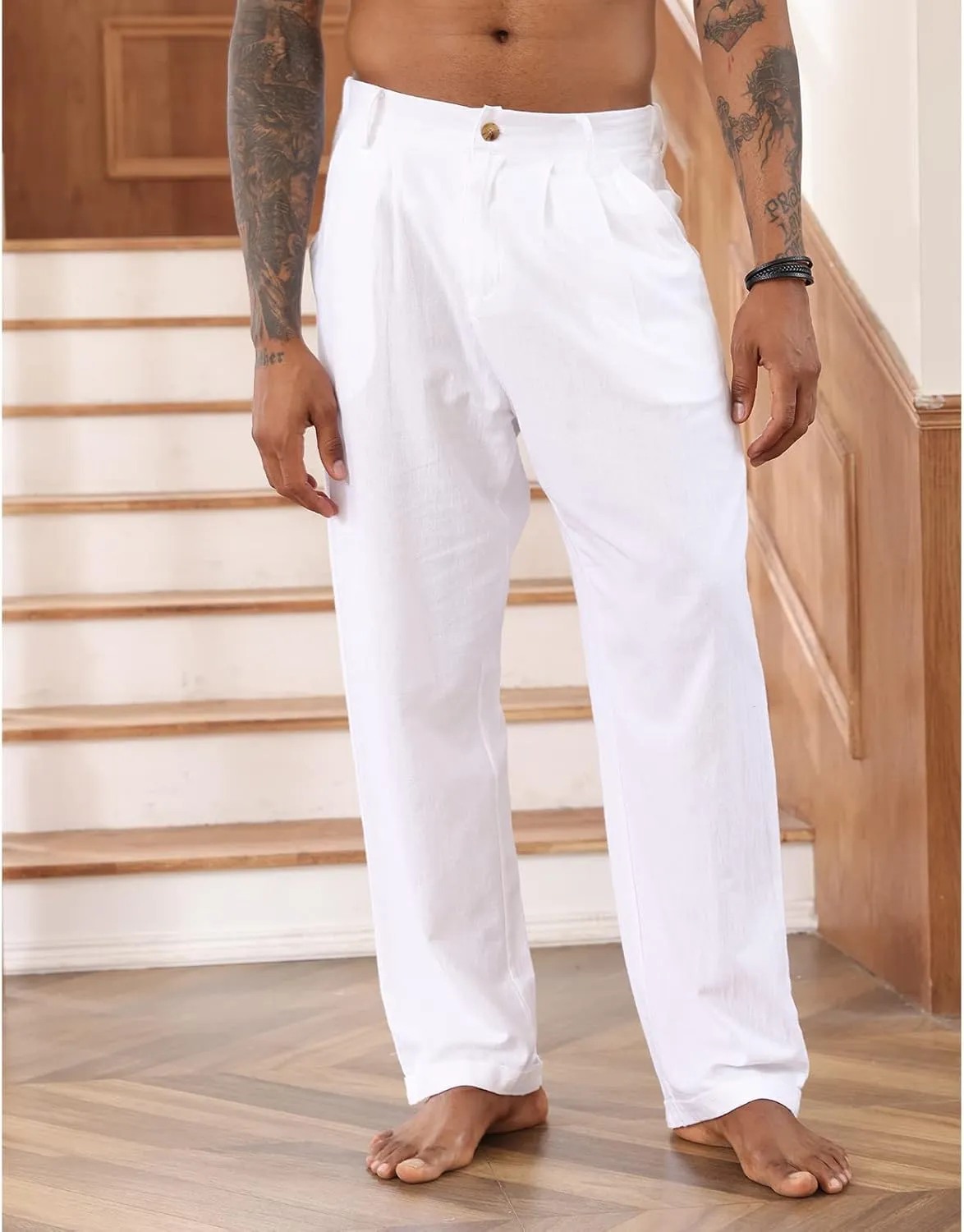 Mens Cotton Linen Pants Elastic Drawstring Waist Trouser Casual Loose Fit Yoga Beach Pants