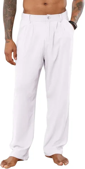 Mens Cotton Linen Pants Elastic Drawstring Waist Trouser Casual Loose Fit Yoga Beach Pants