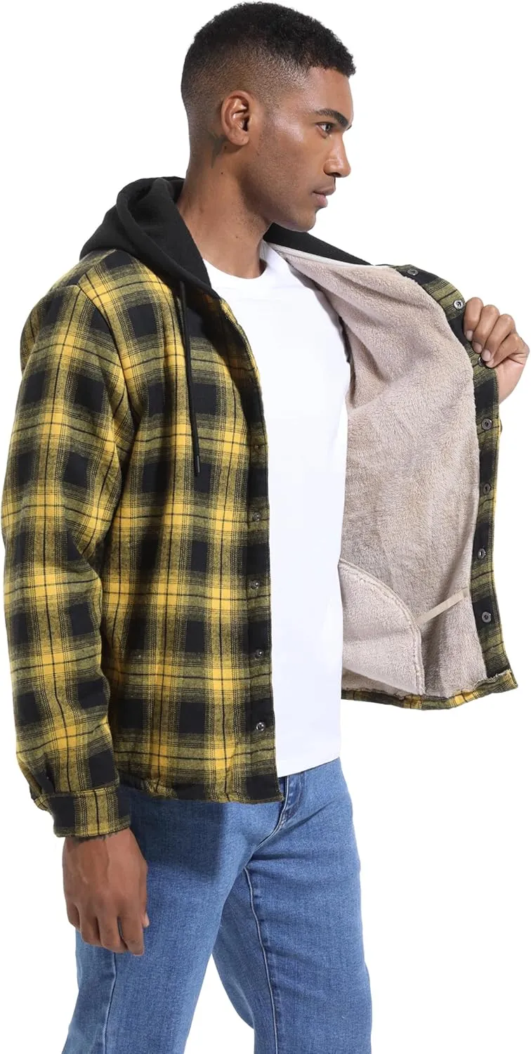 Men's Cotton Plaid Long Sleeve Shirts Jacket Fleece Lined Flannel Shirts Sherpa Button Down Coat with Hood