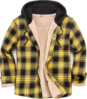 Men's Cotton Plaid Long Sleeve Shirts Jacket Fleece Lined Flannel Shirts Sherpa Button Down Coat with Hood