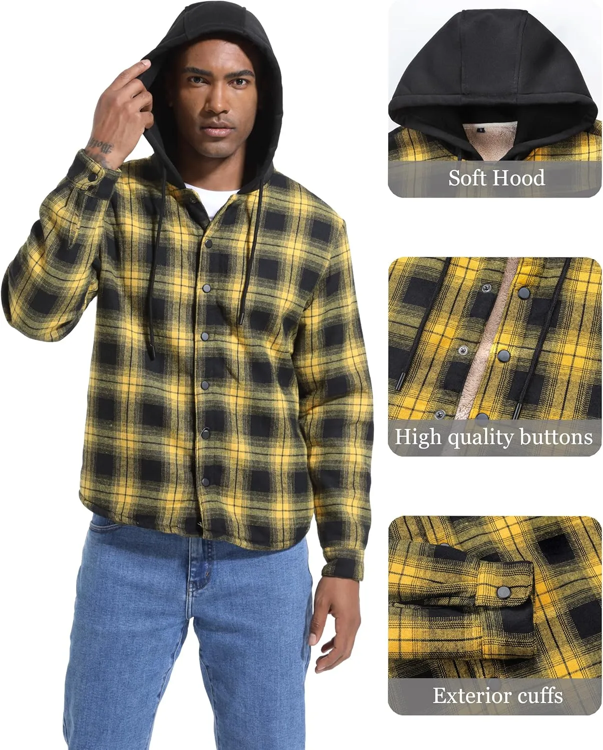 Men's Cotton Plaid Long Sleeve Shirts Jacket Fleece Lined Flannel Shirts Sherpa Button Down Coat with Hood