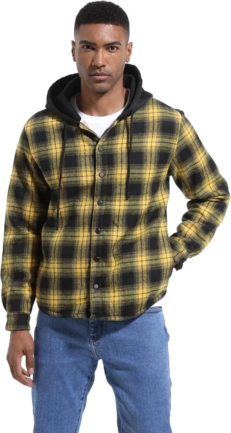 Men's Cotton Plaid Long Sleeve Shirts Jacket Fleece Lined Flannel Shirts Sherpa Button Down Coat with Hood