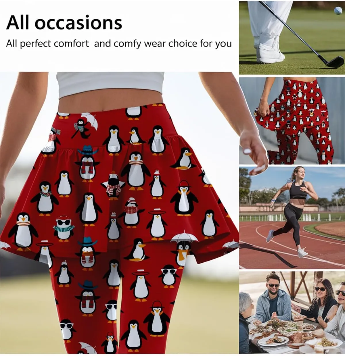 Minimalist Reindeer & Pine Tree Pajama Skirted Leggings for Women Athletic Tennis Skirt, Yoga Pleated Skirt Leggings