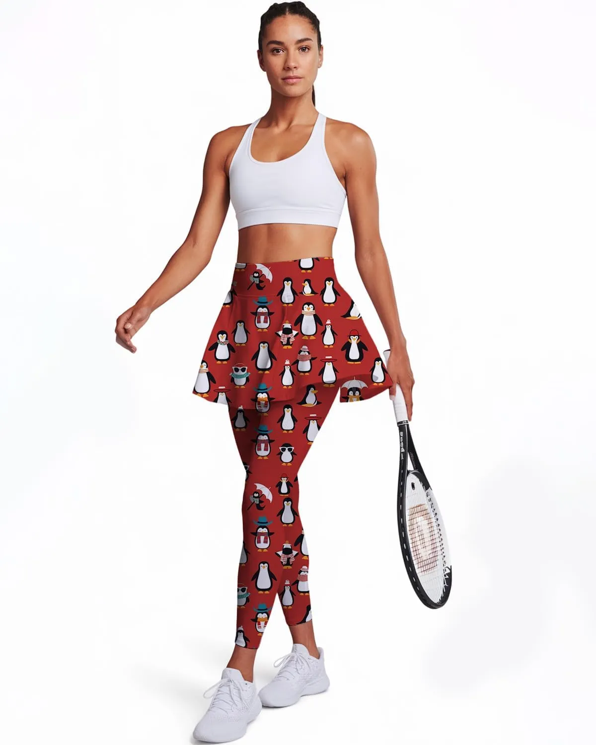 Minimalist Reindeer & Pine Tree Pajama Skirted Leggings for Women Athletic Tennis Skirt, Yoga Pleated Skirt Leggings