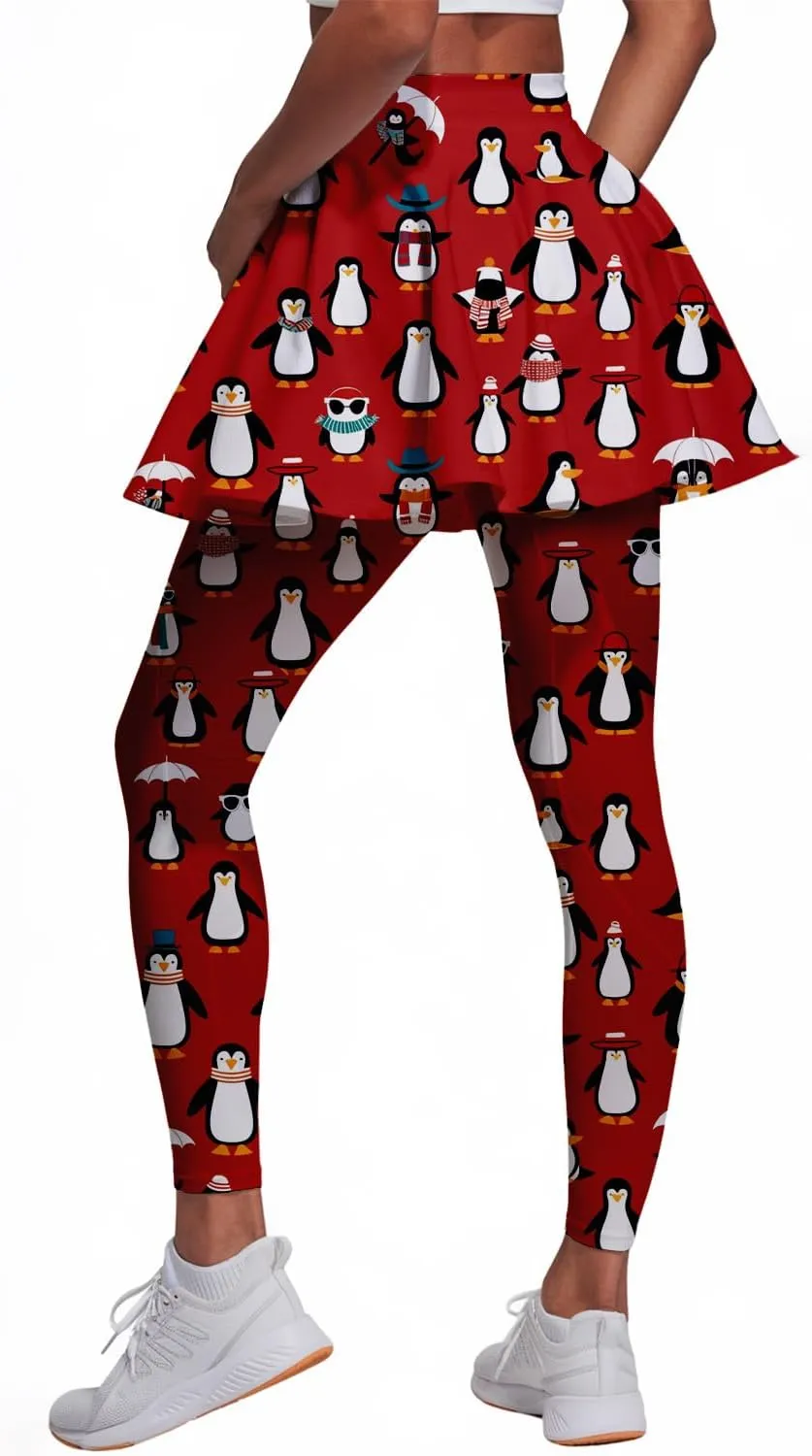Minimalist Reindeer & Pine Tree Pajama Skirted Leggings for Women Athletic Tennis Skirt, Yoga Pleated Skirt Leggings