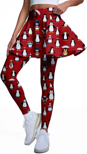Minimalist Reindeer & Pine Tree Pajama Skirted Leggings for Women Athletic Tennis Skirt, Yoga Pleated Skirt Leggings