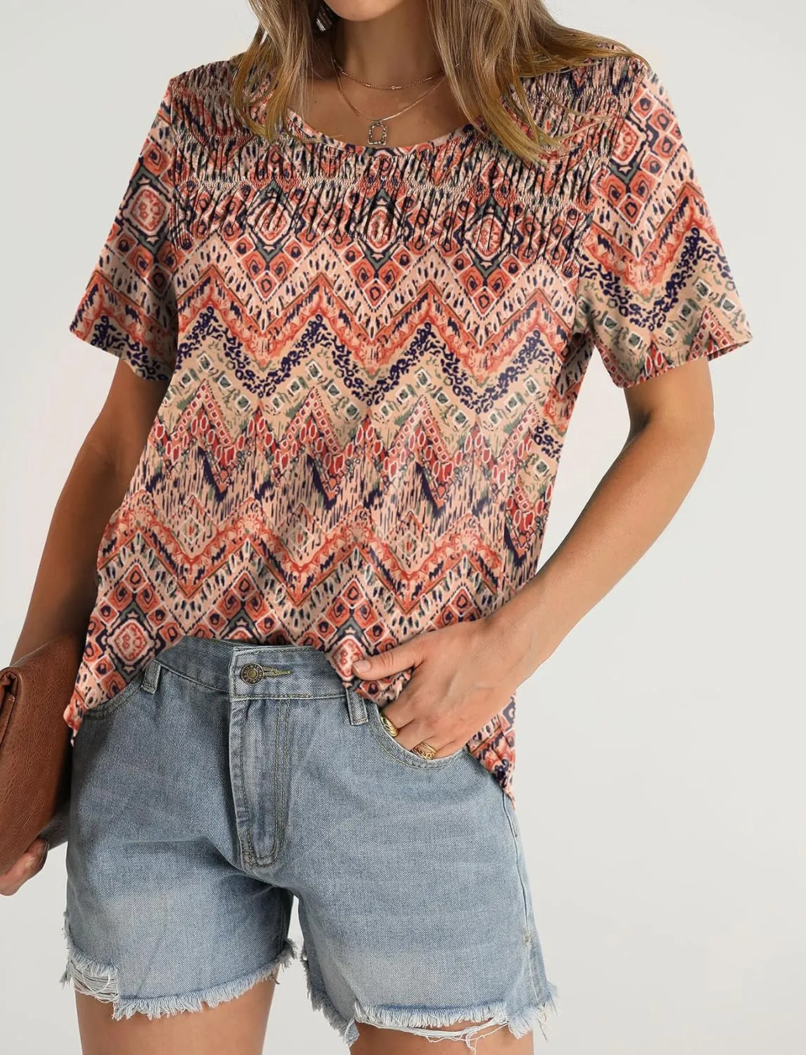 OFEEFAN Women's Summer Tops 2025 Trendy Short Sleeve Shirts Smocked Crewneck Tee