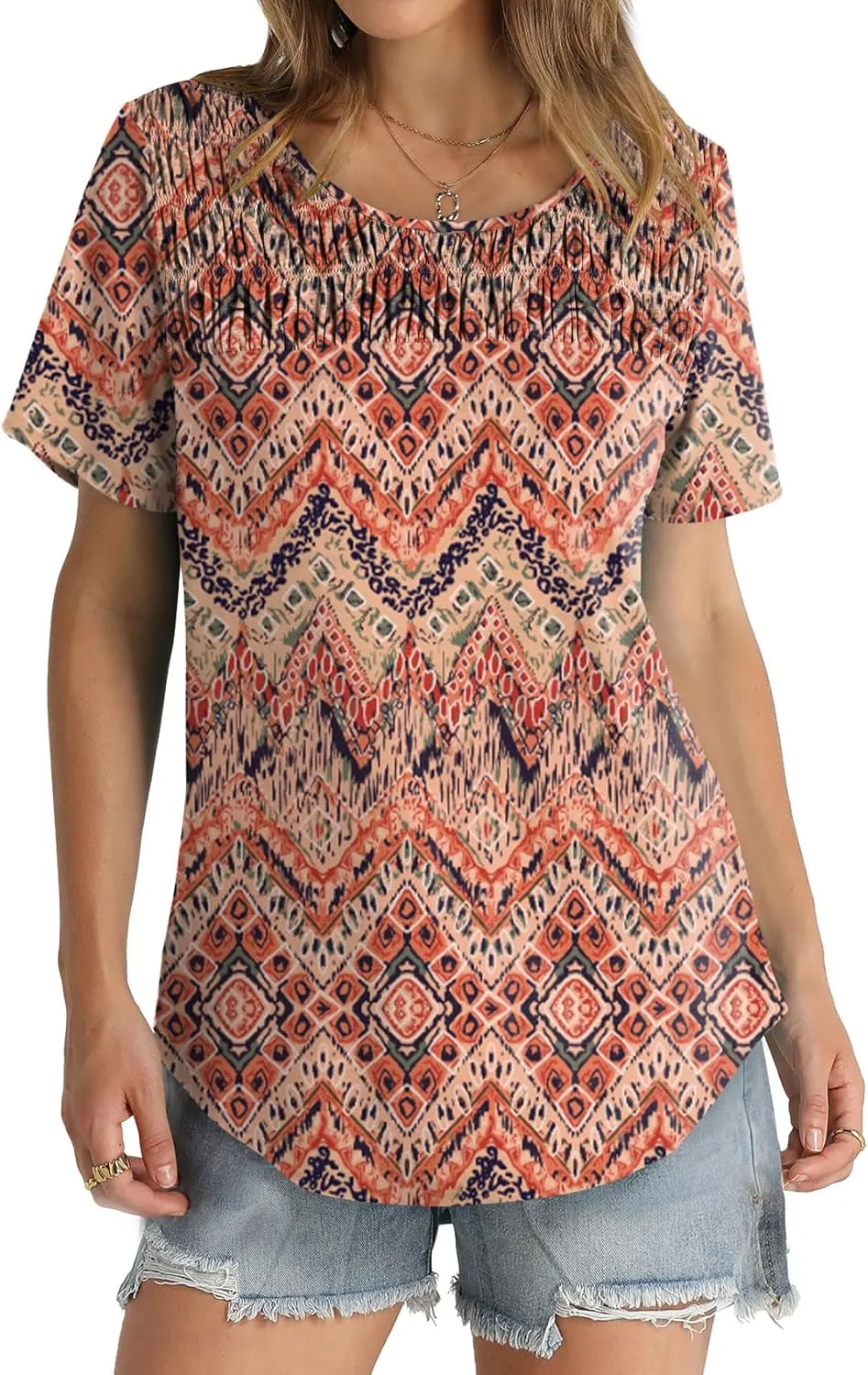 OFEEFAN Women's Summer Tops 2025 Trendy Short Sleeve Shirts Smocked Crewneck Tee