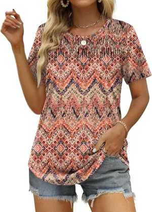 OFEEFAN Women's Summer Tops 2025 Trendy Short Sleeve Shirts Smocked Crewneck Tee