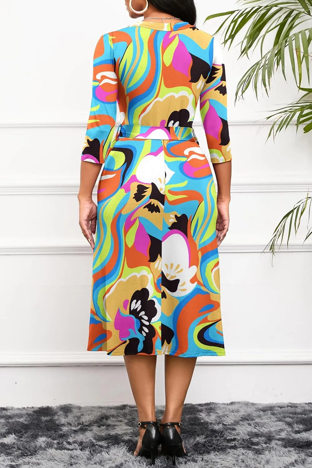 Runwind Women's Midi Dress,3/4 Sleeves V Neck Cocktail Party Dress Curvy Wrap Sexy Geometric Pattern Dresses with Belt