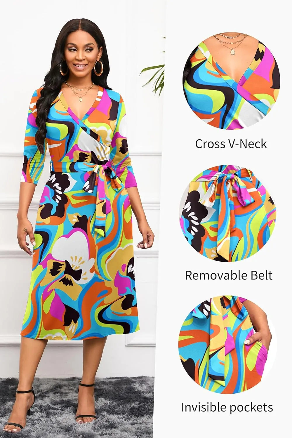 Runwind Women's Midi Dress,3/4 Sleeves V Neck Cocktail Party Dress Curvy Wrap Sexy Geometric Pattern Dresses with Belt