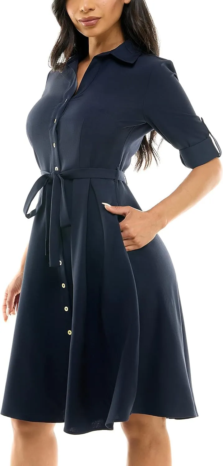 Sharagano Women's Button Front Pleated Shirt Casual Dress