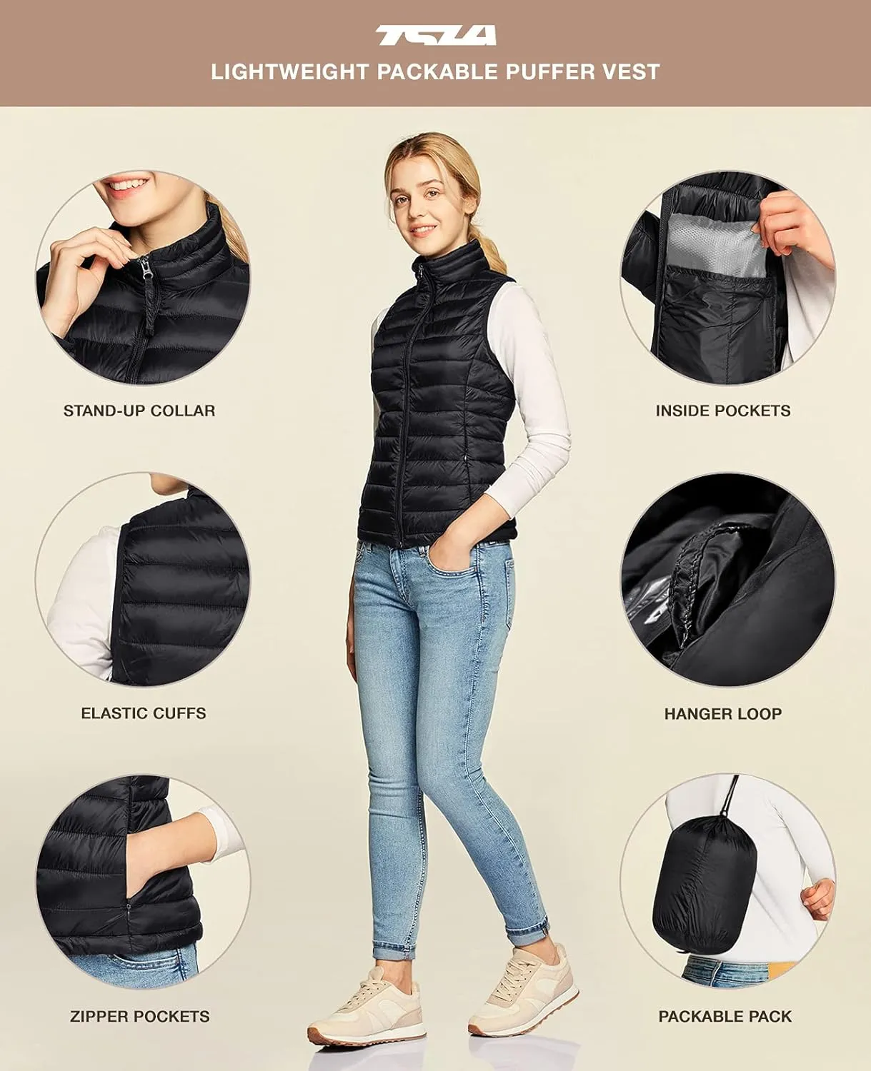 TSLA Women's Lightweight Packable Accent Puffer Jacket, Water-Resistant Winter Coat