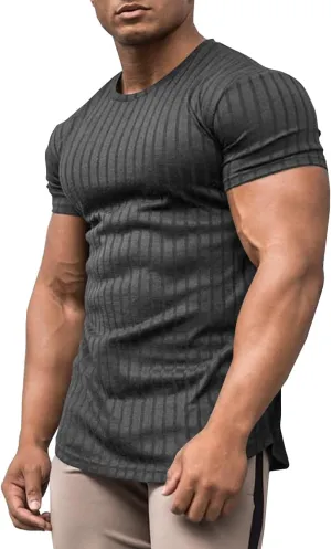 URRU Men's Muscle T Shirts Stretch Short Sleeve Bodybuilding Workout Casual Slim Fit Tee Shirts