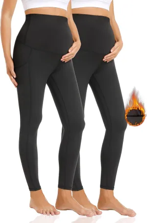 V VOCNI Maternity Fleece Lined Leggings with Pockets Over The Belly Yoga Pants Thermal Winter Workout Leggings for Women