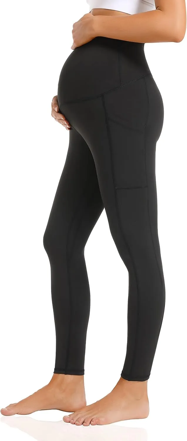 V VOCNI Maternity Fleece Lined Leggings with Pockets Over The Belly Yoga Pants Thermal Winter Workout Leggings for Women