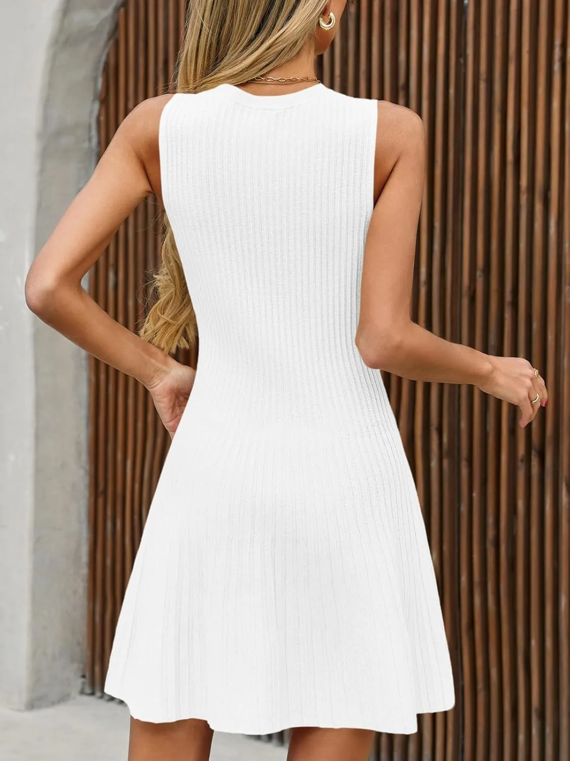 Wenrine Womens Summer Sleeveless Mini Dress Crewneck Ribbed Knit Casual A Line Pleated Swing Tank Dresses