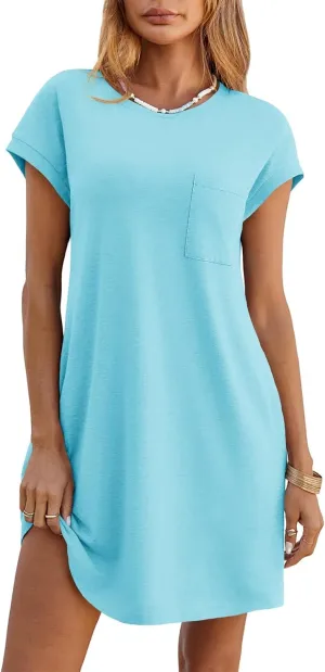 Wenrine Womens Summer T Shirt Dress Casual Short Sleeve Crewneck Loose Flowy Mini Dresses with Pockets