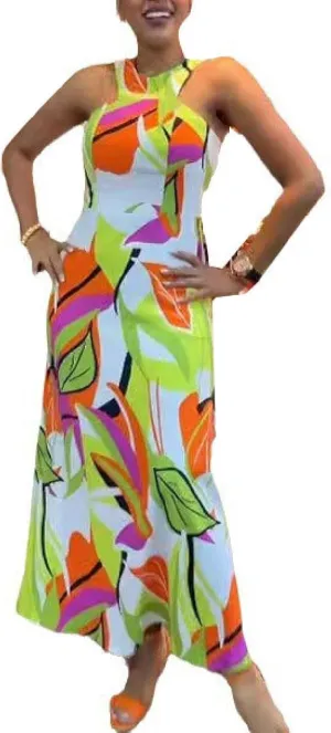 Women's Casual Halter Neck Sleeveless Floral Backless Loose Long Maxi Dress