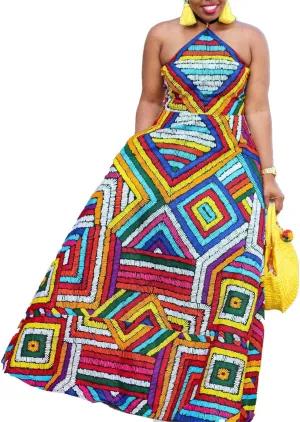 Women's Casual Halter Neck Sleeveless Floral Backless Loose Long Maxi Dress