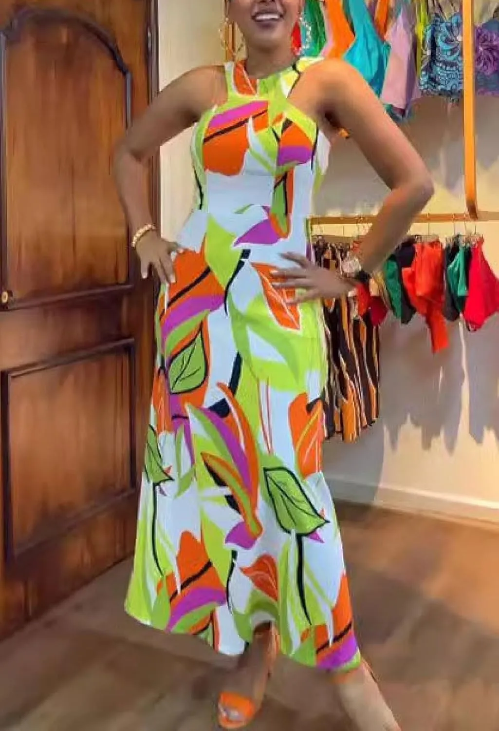 Women's Casual Halter Neck Sleeveless Floral Backless Loose Long Maxi Dress