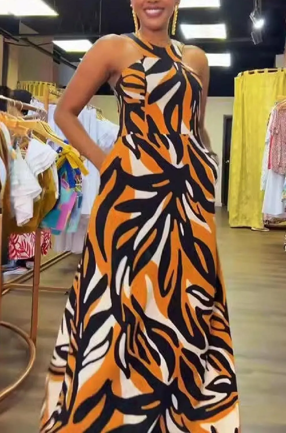 Women's Casual Halter Neck Sleeveless Floral Backless Loose Long Maxi Dress
