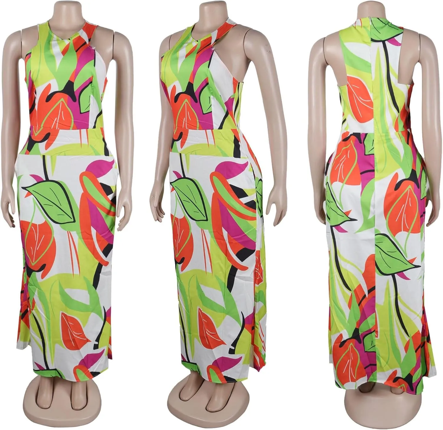 Women's Casual Halter Neck Sleeveless Floral Backless Loose Long Maxi Dress