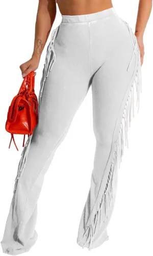 Women's Casual Mid Waist Fringed Cotton Bodycon Pants with Tassels and Elastic Waist