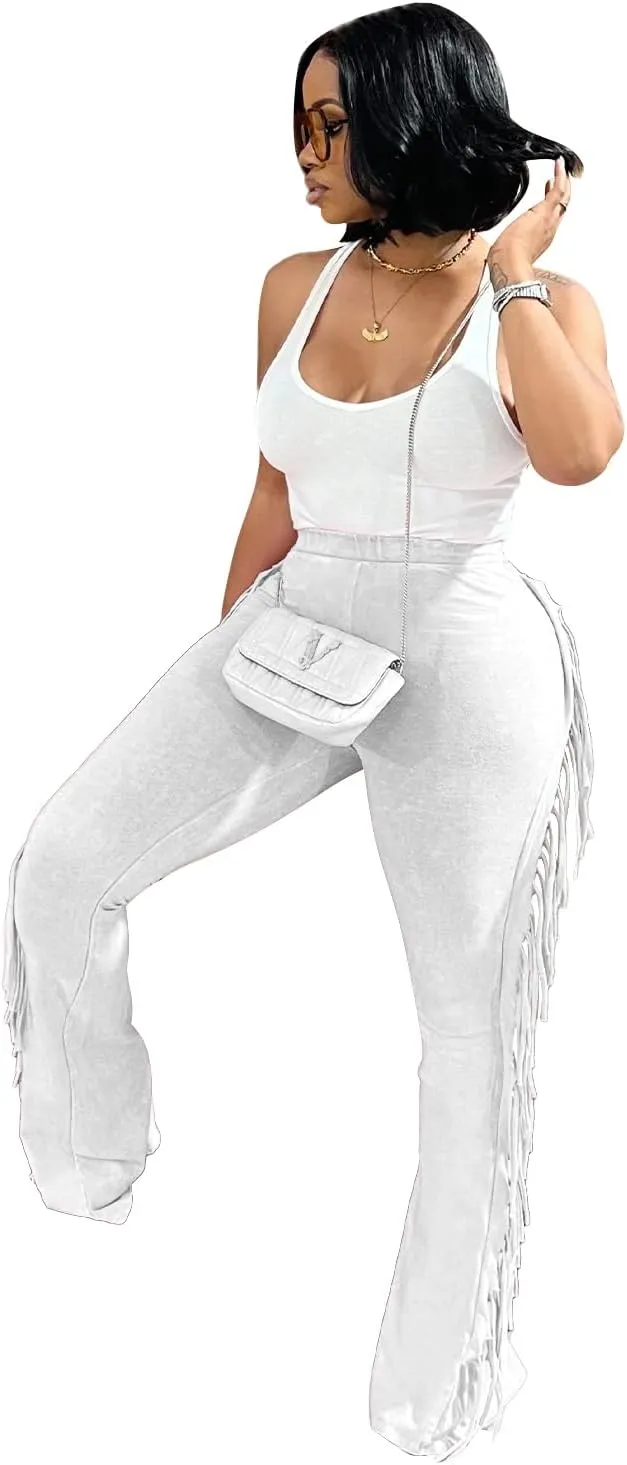 Women's Casual Mid Waist Fringed Cotton Bodycon Pants with Tassels and Elastic Waist
