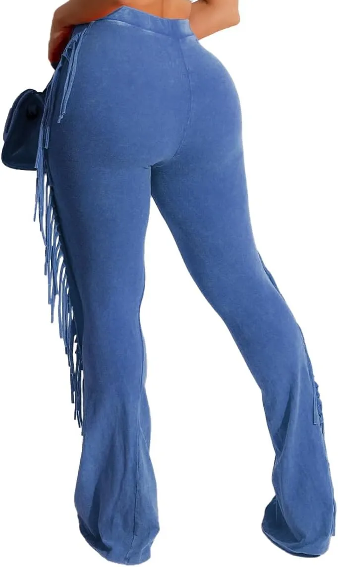 Women's Casual Mid Waist Fringed Cotton Bodycon Pants with Tassels and Elastic Waist