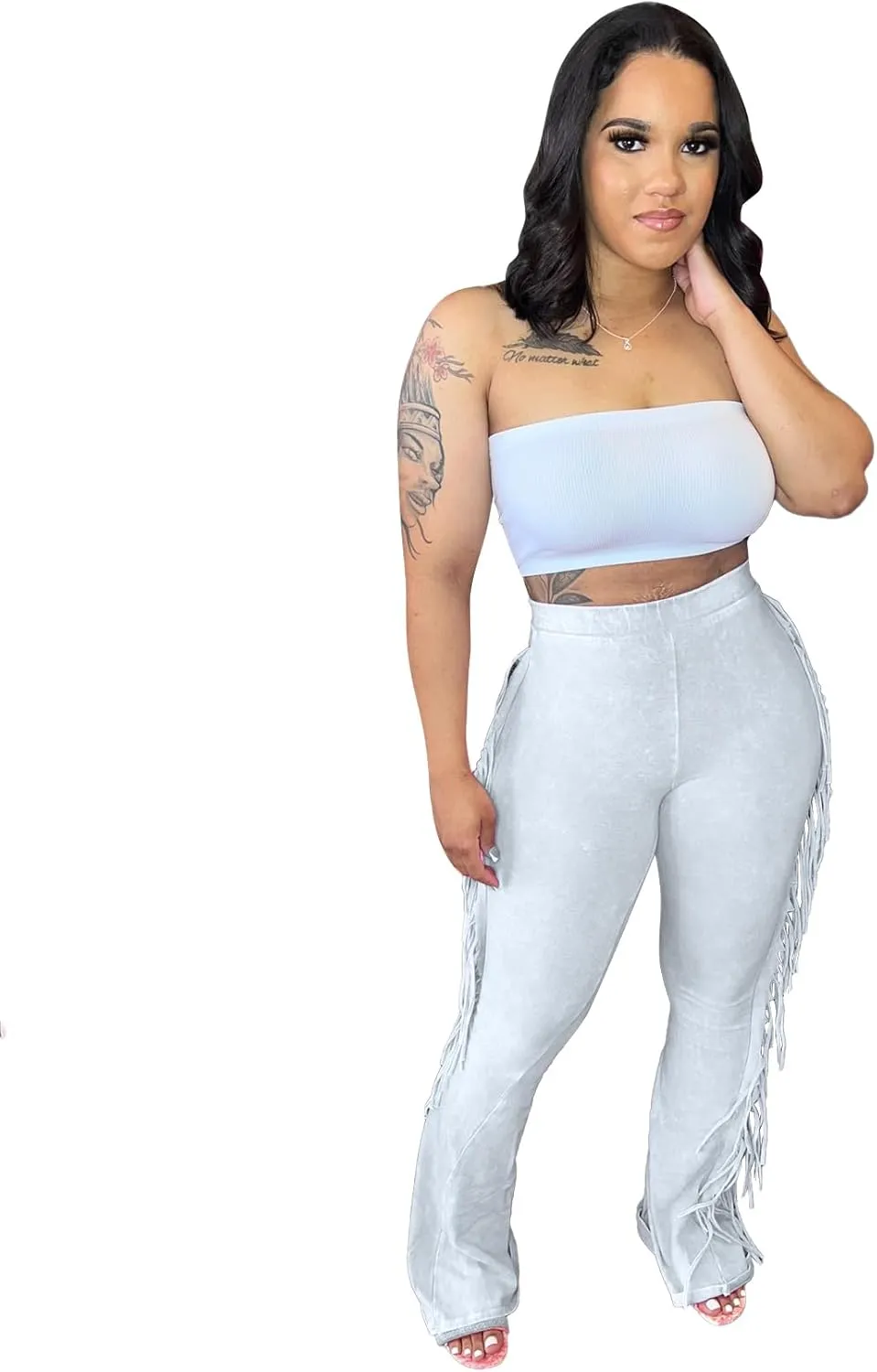 Women's Casual Mid Waist Fringed Cotton Bodycon Pants with Tassels and Elastic Waist