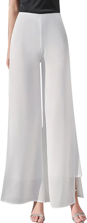 Women's Lightweight Chiffon Flowy Wide Leg Dress Pants High Elastic Waisted Trousers Flared Business Casual Pants