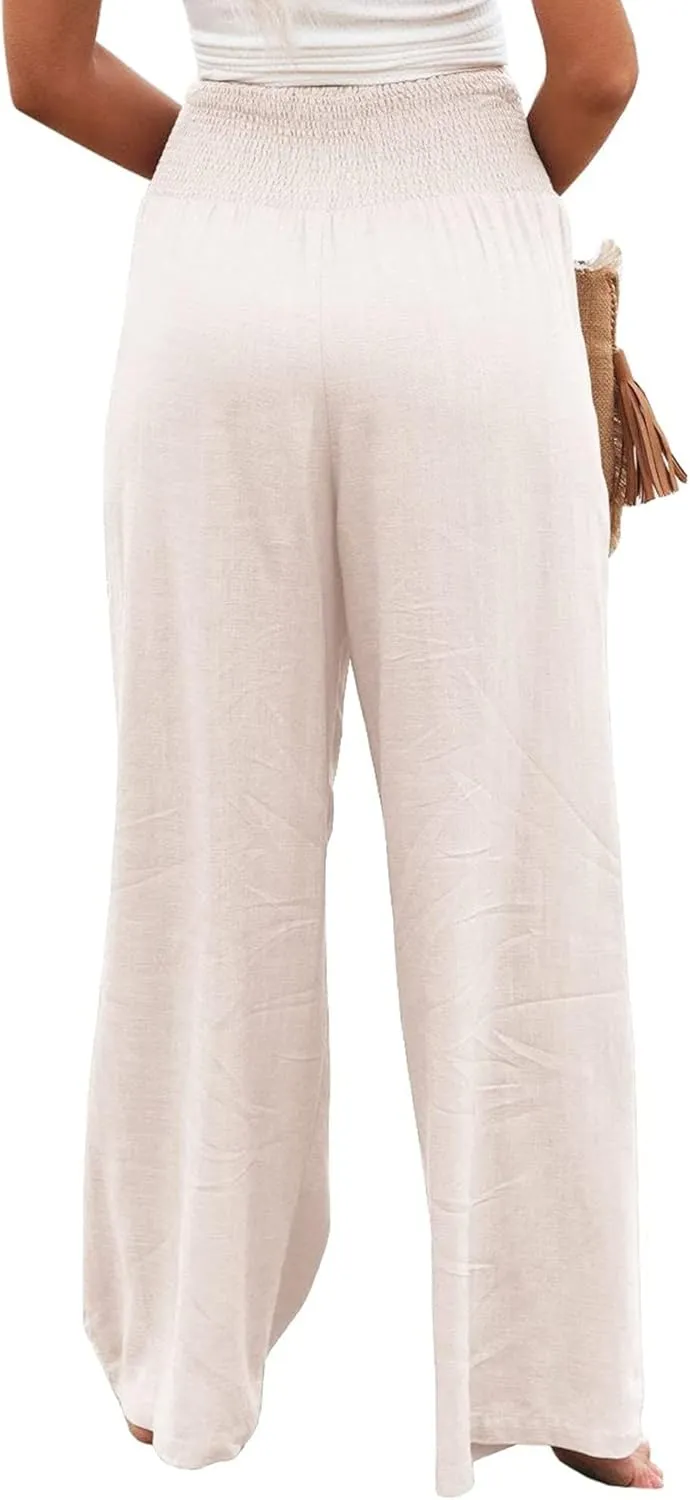 Womens Linen Palazzo Pants Lightweight High Waisted Wide Leg Pant Lounge Flowy Summer Boho Vacation Beach Pant Trousers