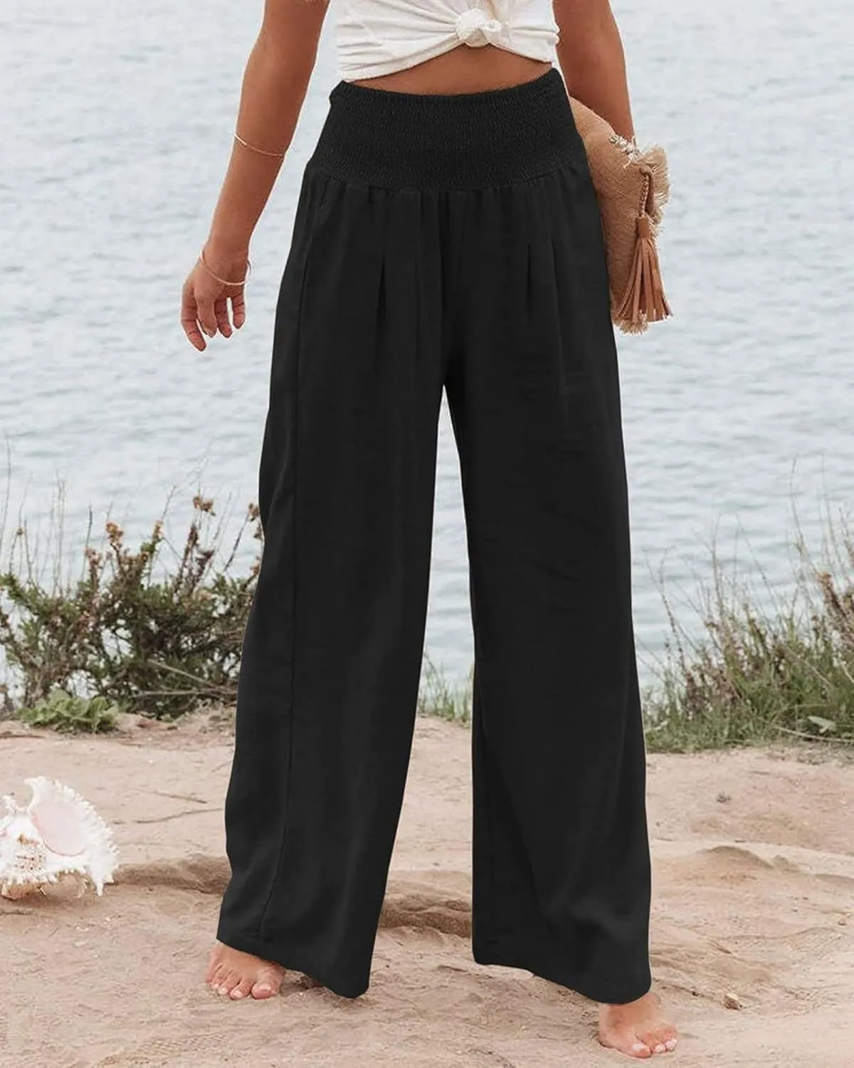 Womens Linen Pants Boho Wide Leg Lounge Pant High Waist Palazzo Pant Summer Beach Trousers Travel Vacation Outfits