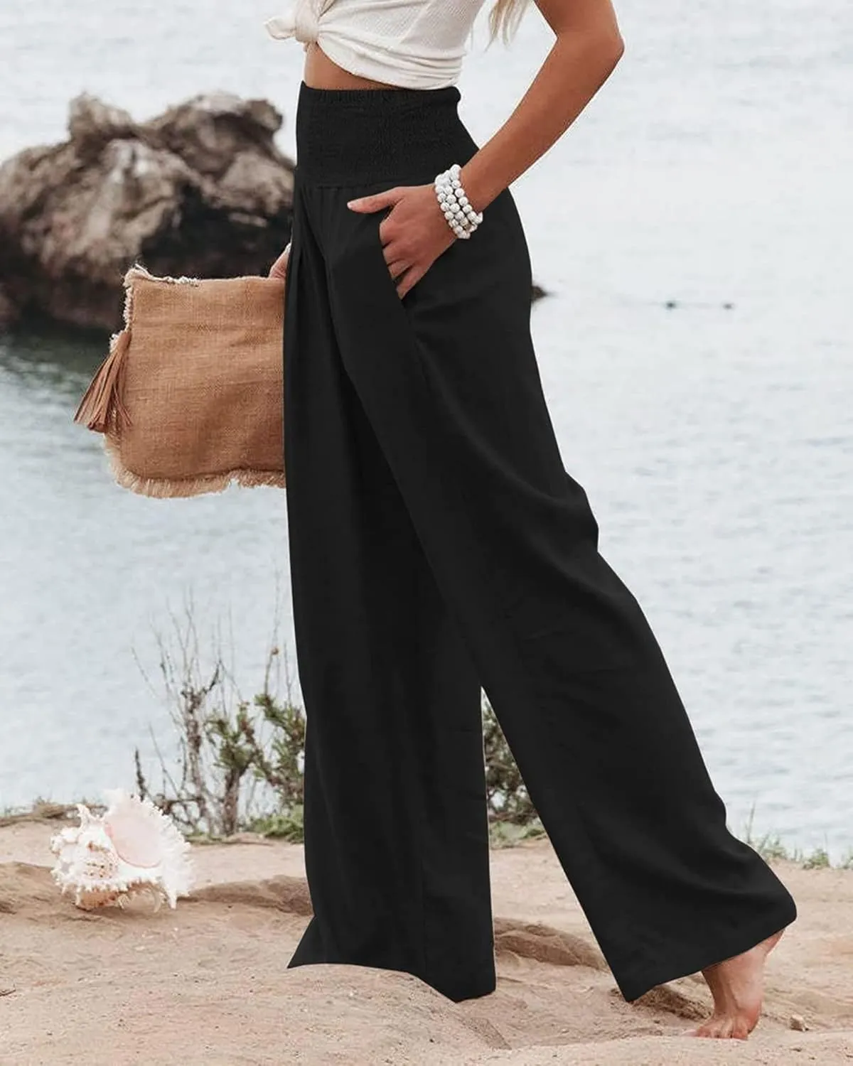 Womens Linen Pants Boho Wide Leg Lounge Pant High Waist Palazzo Pant Summer Beach Trousers Travel Vacation Outfits