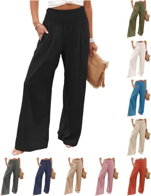 Womens Linen Pants Boho Wide Leg Lounge Pant High Waist Palazzo Pant Summer Beach Trousers Travel Vacation Outfits