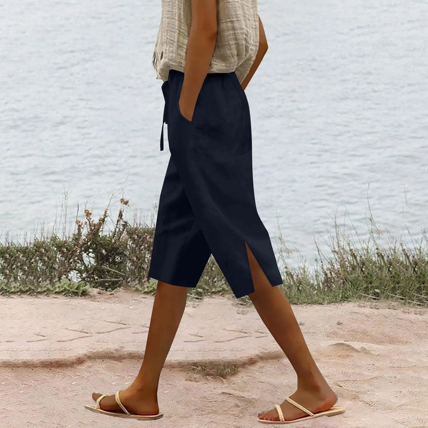 Womens Summer Bermuda Linen Shorts Knee Length Lightweight Loose Summer Casual Shorts with Pockets