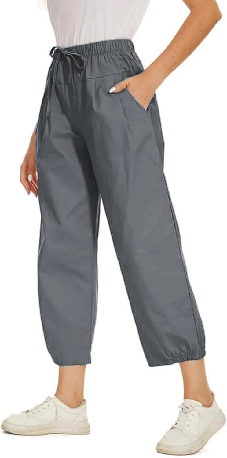 Women's Summer Capri Pants Elastic High Waist Drawstring Wide Leg Cotton Linen Work Pants with Pockets