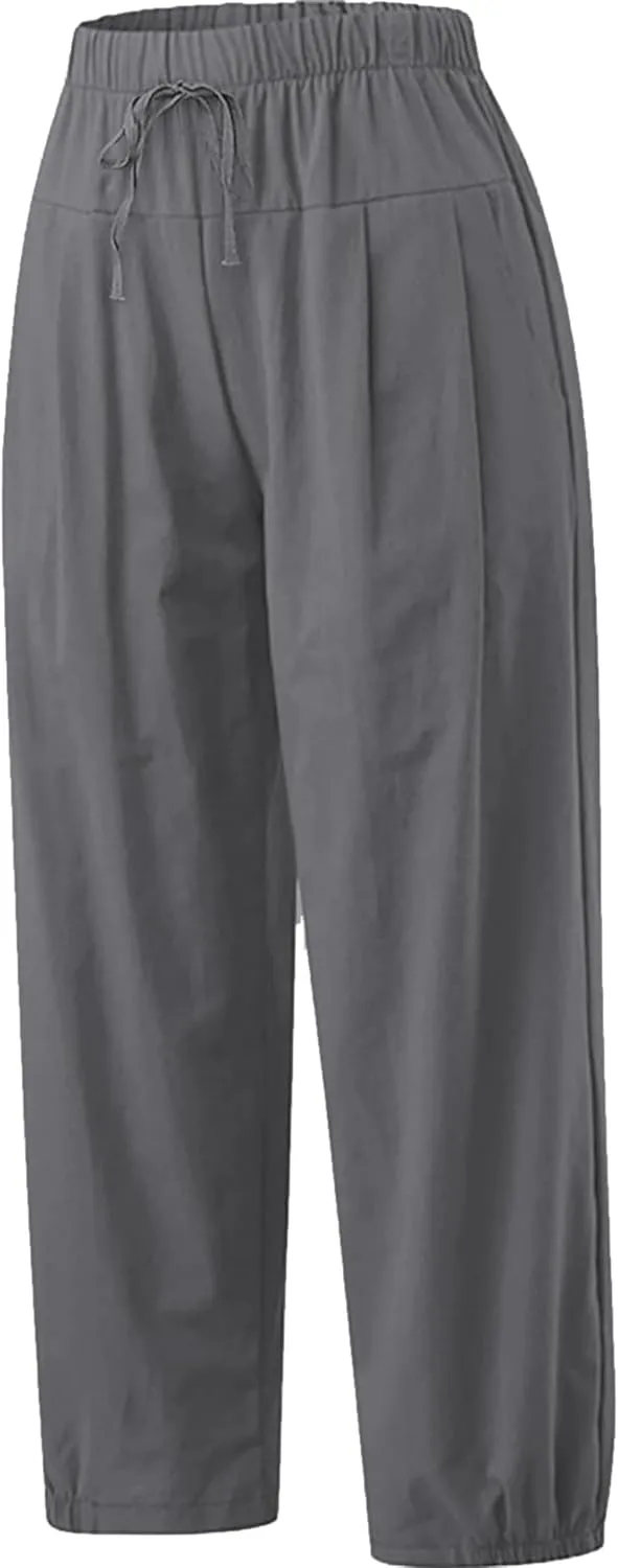 Women's Summer Capri Pants Elastic High Waist Drawstring Wide Leg Cotton Linen Work Pants with Pockets