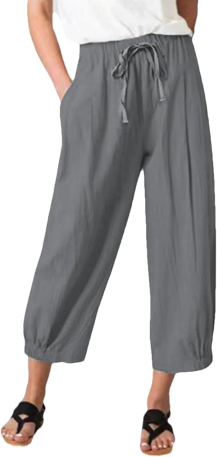 Women's Summer Capri Pants Elastic High Waist Drawstring Wide Leg Cotton Linen Work Pants with Pockets