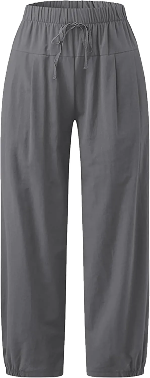 Women's Summer Capri Pants Elastic High Waist Drawstring Wide Leg Cotton Linen Work Pants with Pockets