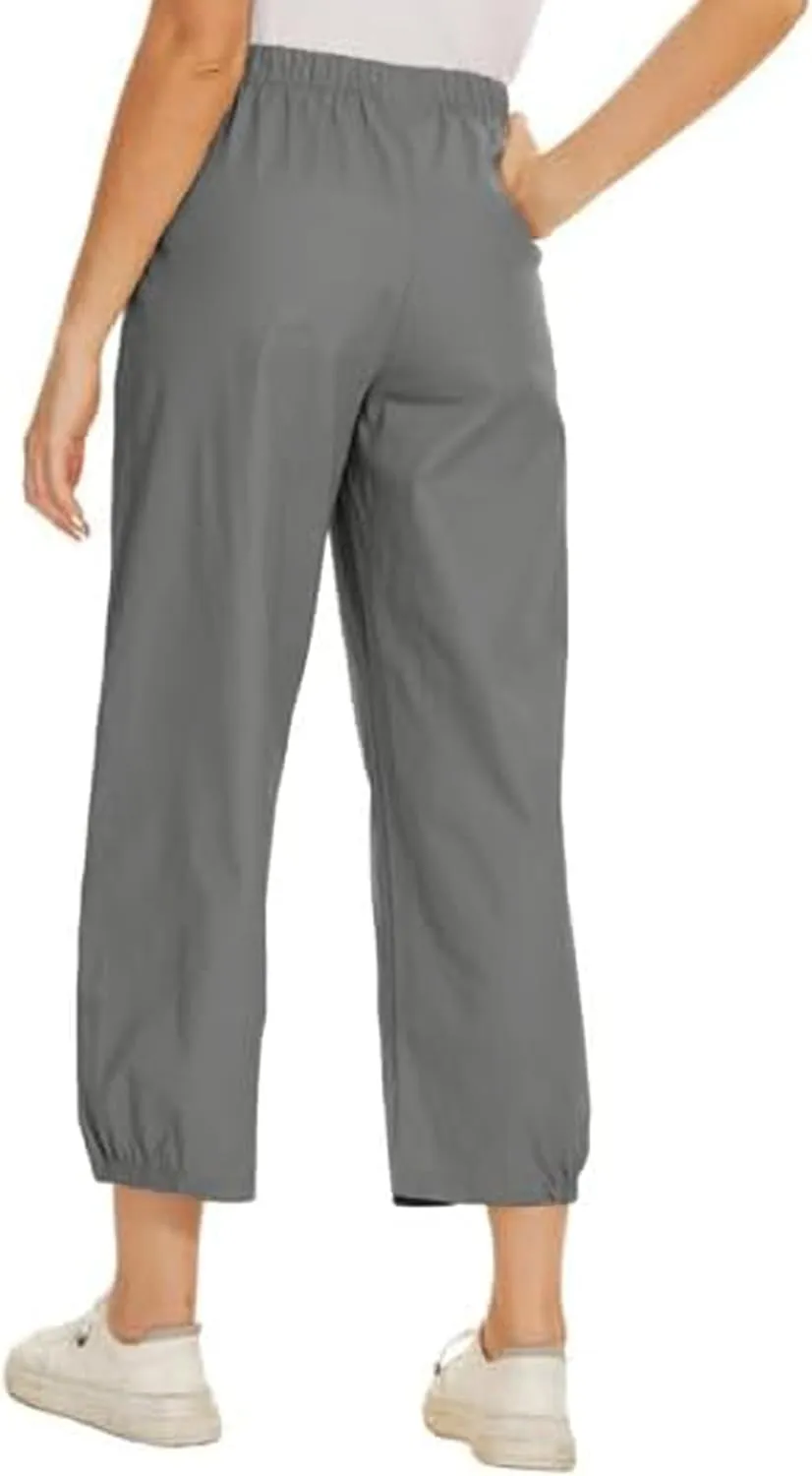 Women's Summer Capri Pants Elastic High Waist Drawstring Wide Leg Cotton Linen Work Pants with Pockets