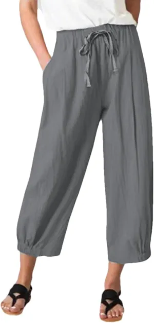 Women's Summer Capri Pants Elastic High Waist Drawstring Wide Leg Cotton Linen Work Pants with Pockets