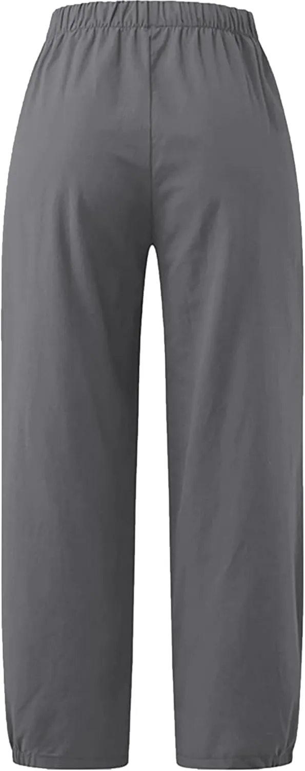 Women's Summer Capri Pants Elastic High Waist Drawstring Wide Leg Cotton Linen Work Pants with Pockets