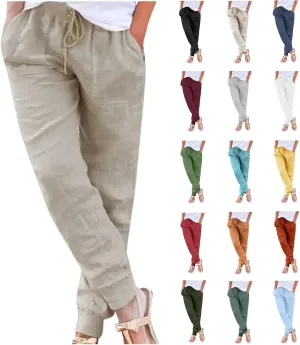 Womens Tapered Pants Cotton Linen Drawstring Elastic Waist Pants Casual Trousers with Pockets Joggers Travel Slacks